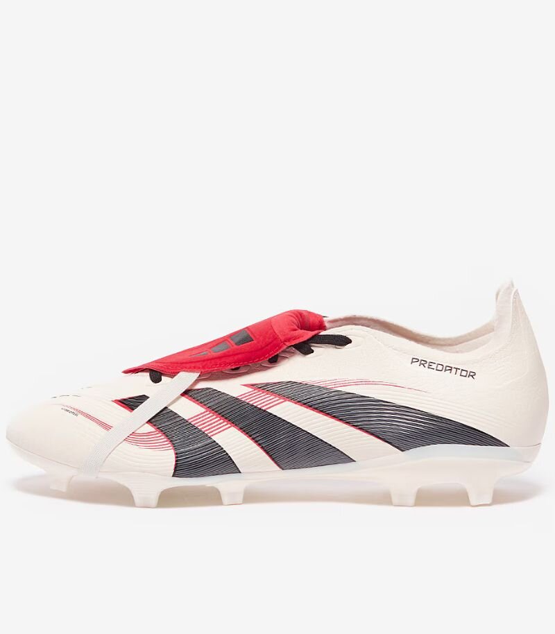 adidas predator league football boots in white with black stripes and red fold over tongue 